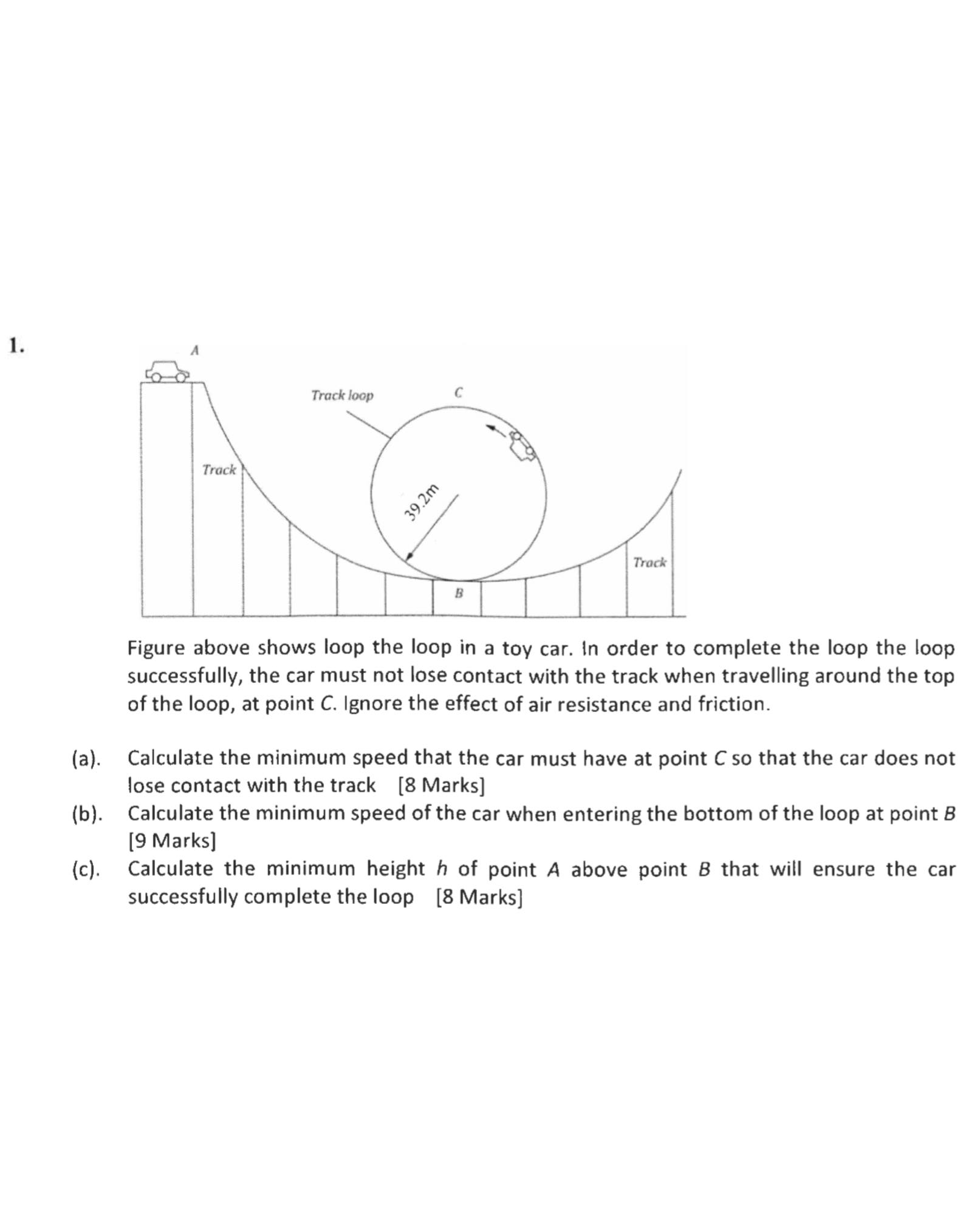 1. Figure above shows loop the loop in a toy car. In order to complete ...