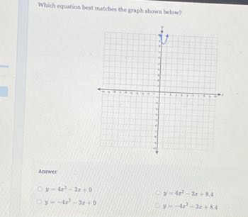 Which equation best matches the gruph shown below?

Answer
y=4 z^2-3 z+9
y=-4 x^2-3 x+0
y=4 x^3-3 x+8.4
y=-4 r^2-3 x+84