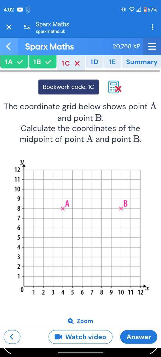 4:02 Sparx Maths sparxmaths.uk Sparx Maths 20,768 XP Bookwork code: 1C ...