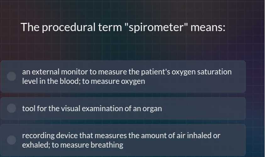 The procedural term "spirometer" means an external monitor to measure