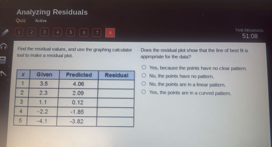 Analyzing Residuals Quiz Active 2 3 4 5 6 7 8 TIME REMAINING 51:08 Find ...
