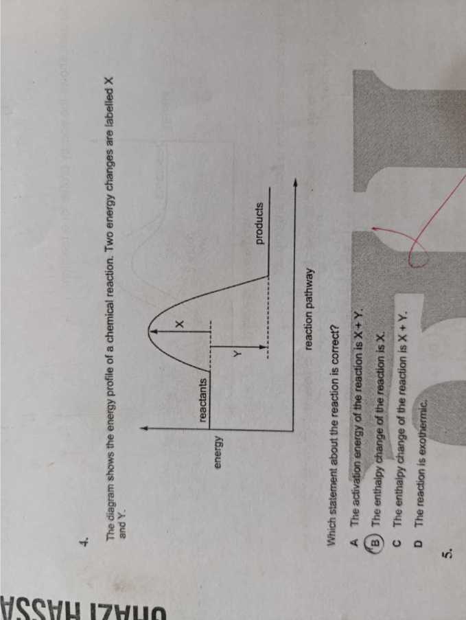 4.

The diagram shows the energy profile of a chemical reaction. Two energy changes are labelled X and Y.

Which statement about the reaction is correct?
A The activation energy of the reaction is X+Y.
(B) The enthalpy change of the reaction is X.

C The enthalpy change of the reaction is X+Y.
D The reaction is exothermic.
5.