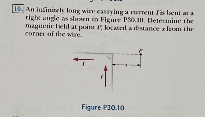 10. An infinitely long wire carrying a current I is bent at a right ...