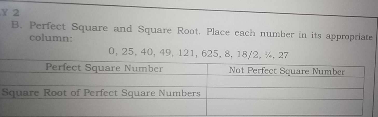 B. Perfect Square and Square Root. Place each number in its appropriate column:

    0,25,40,49,121,625,8,18 / 2,1 / 4,27


Perfect Square Number     Not Perfect Square Number 

Square Root of Perfect Square Numbers     

