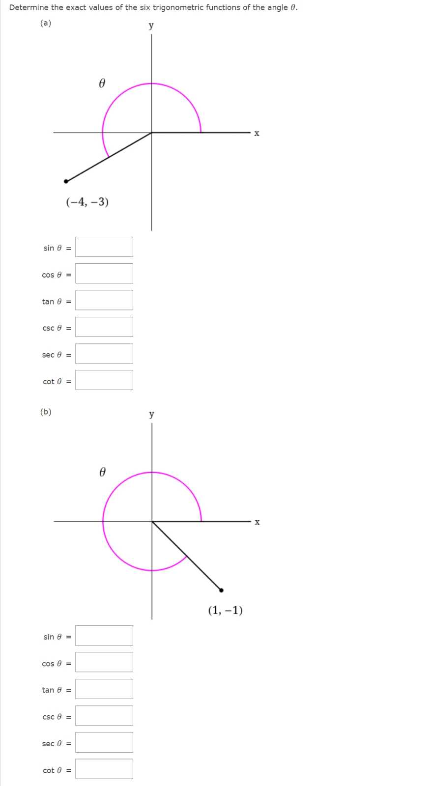 Determine the exact values of the six trigonometric functions of the ...