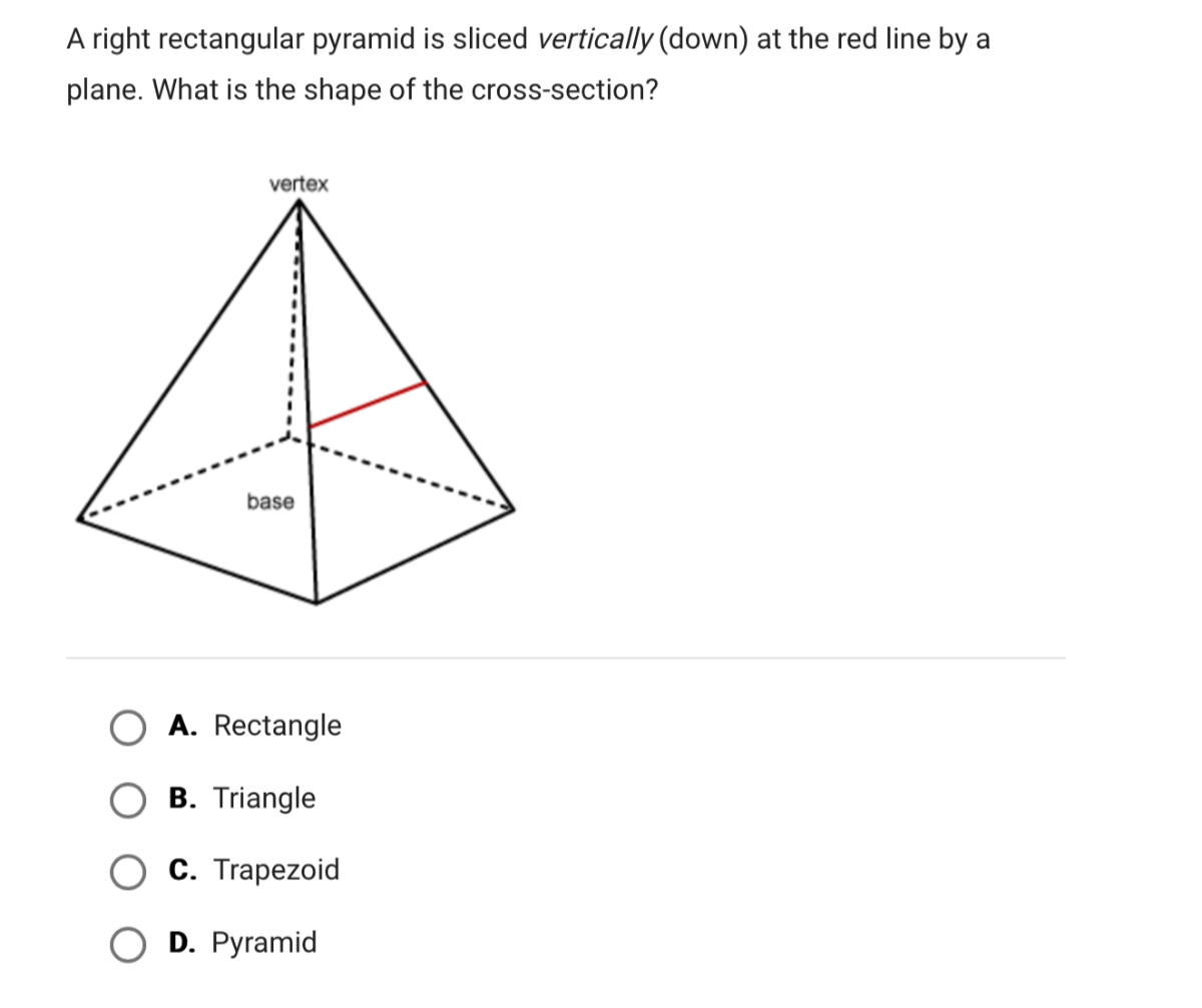 Right Rectangular Pyramid A right rectangular pyramid is sliced vertically (down) at the red line ...