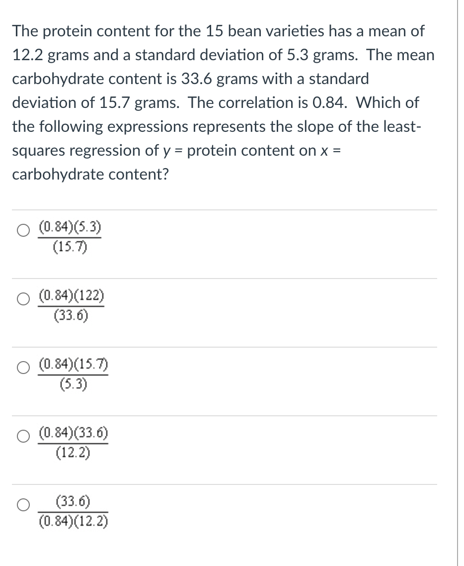 The protein content for the 15 bean varieties has a mean of 12.2 grams and a standard deviation of 5.3 grams. The mean carbohydrate content is 33.6 grams with a standard deviation of 15.7 grams. The correlation is 0.84 . Which of the following expressions represents the slope of the leastsquares regression of y= protein content on x= carbohydrate content?
((0.84)(5.3))/((15.7))
((0.84)(122))/((33.6))
((0.84)(15.7))/((5.3))
((0.84)(33.6))/((12.2))
((33.6))/((0.84)(12.2))