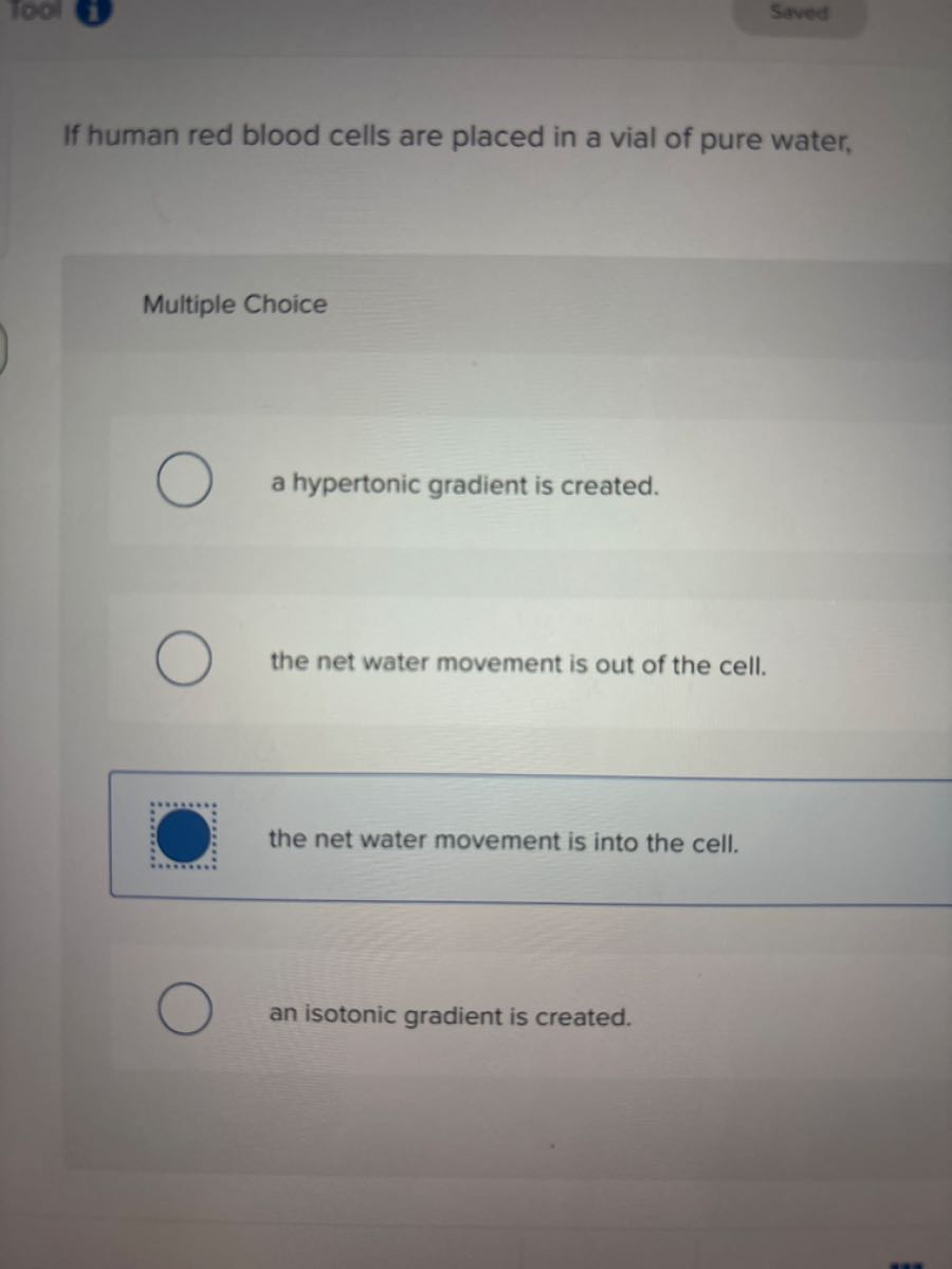 1001 Saved If human red blood cells are placed in a vial of pure water ...
