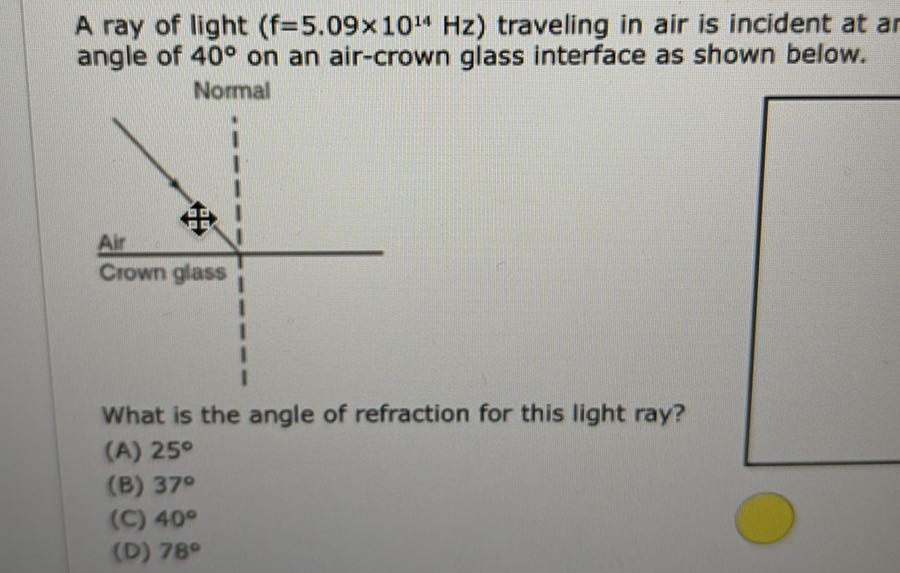 [GET ANSWER] A ray of light ( f=5.09 × 10^14 Hz ) traveling in air is ...