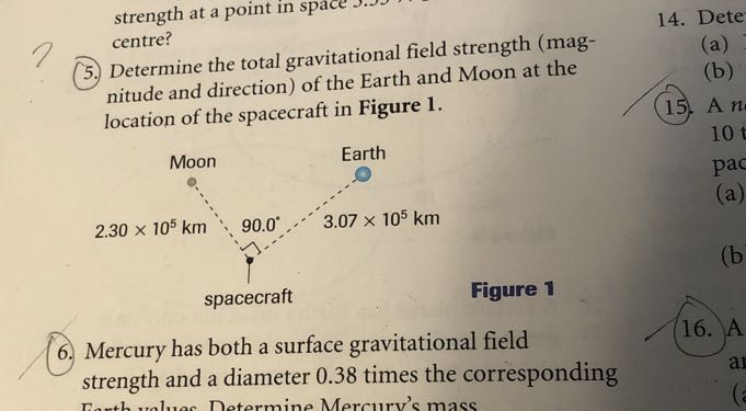 5. Determine the total gravitational field strength (magcentre? nitude and direction) of the Earth and Moon at the location of the spacecraft in Figure 1.

Figure 1
6. Mercury has both a surface gravitational field strength and a diameter 0.38 times the corresponding