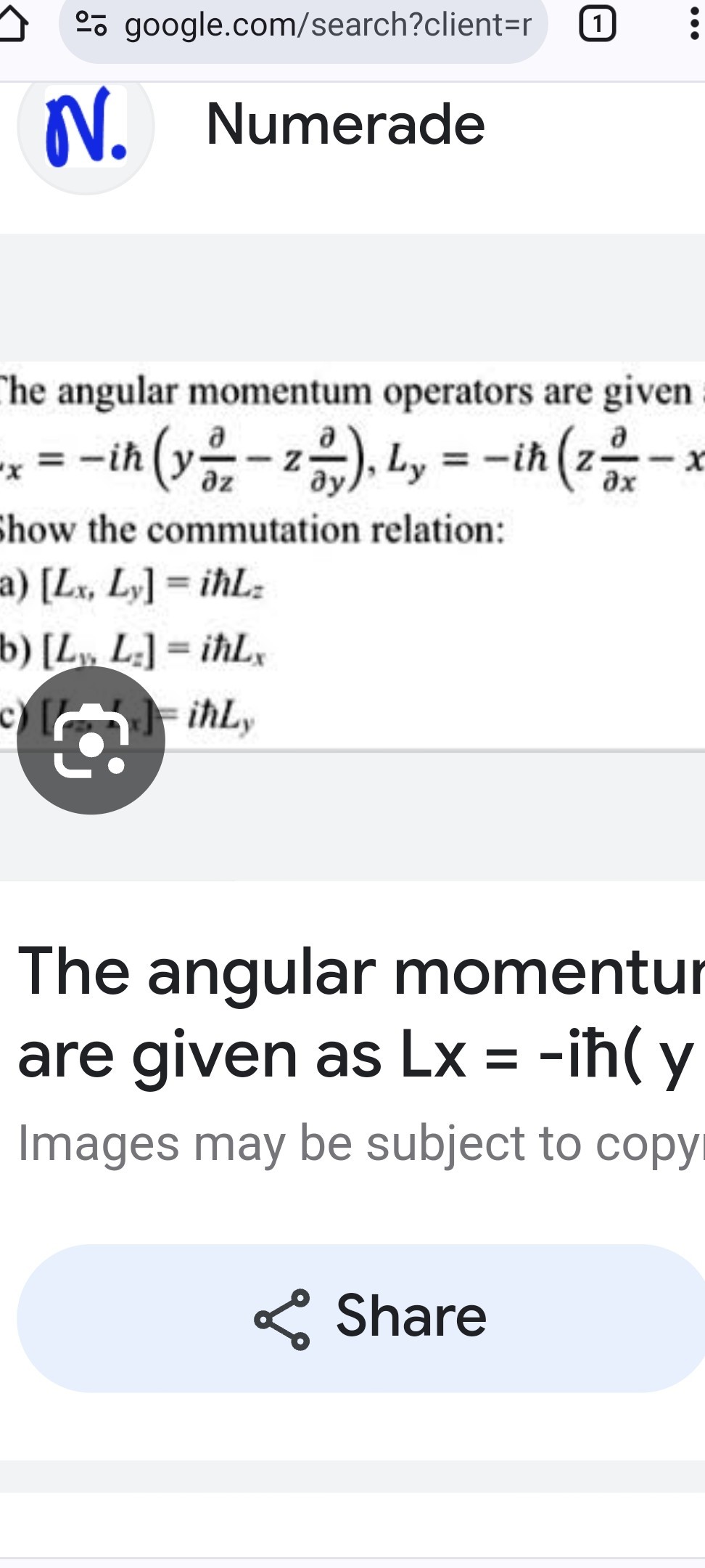 -o google.com/search?client=r
N. Numerade
he angular momentum operators are given

    x=-i ħ(y (∂)/(∂ z)-z (∂)/(∂ y)), Ly=-i ħ(z (∂)/(∂ x)-x.

how the commutation relation:
a) [Lx, Ly]=i ħ Lz
b) [L1, Lz]=i ħ Lx

The angular momentur are given as L x=-i ħ(y
Images may be subject to copy
Share