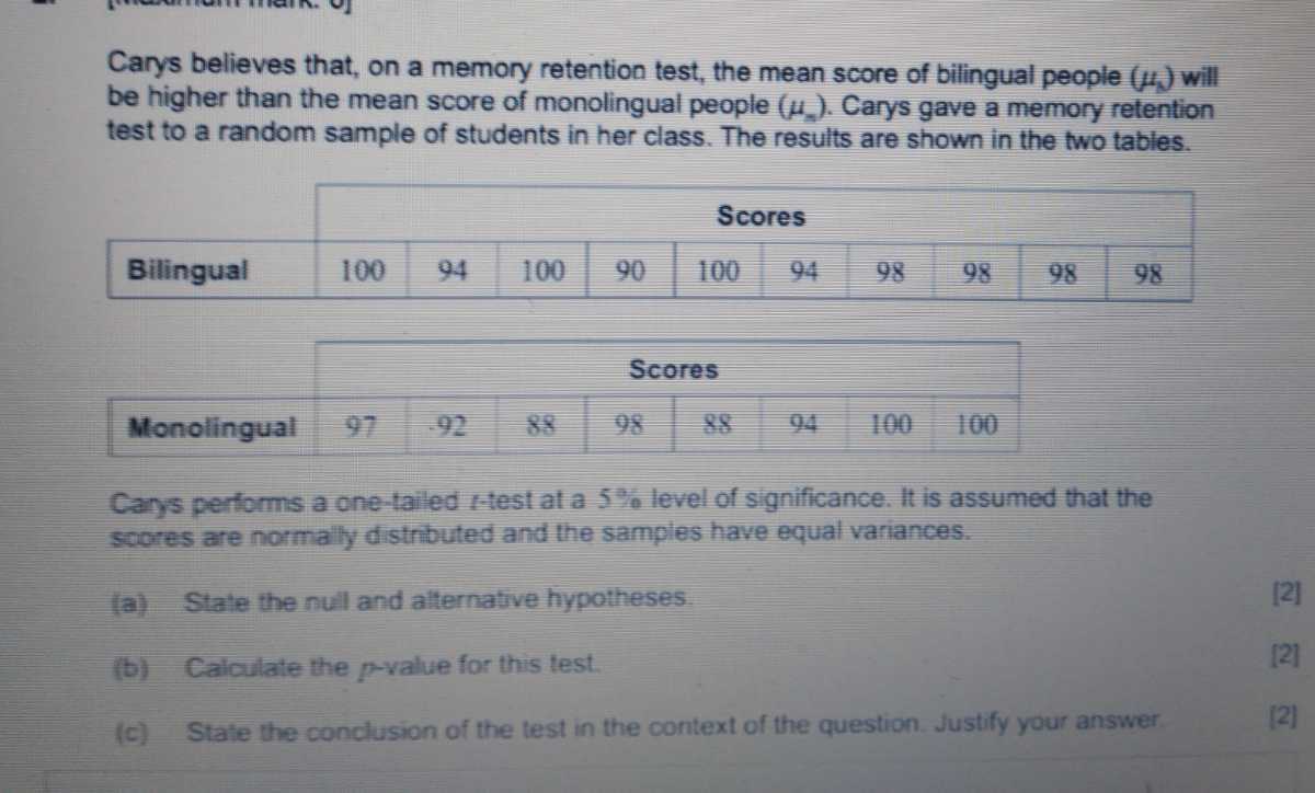 carys believes that on a memory retention test the mean score of ...