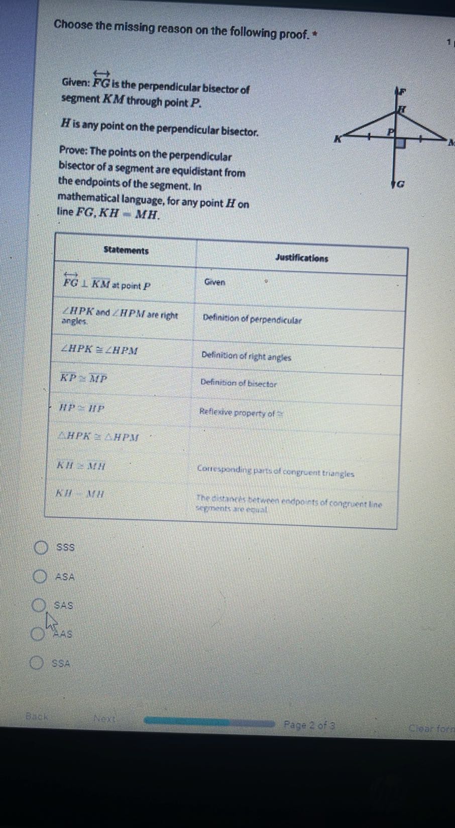 Choose the missing reason on the following proof. * 1 Given: F G is the ...