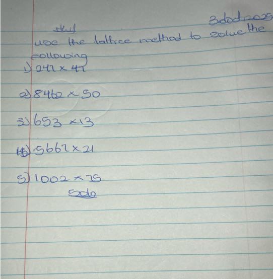 3 doct, 10025
they use the lathice method to solue the ellowing
1) 242 × 42
2) 8462 × 50
3) 653 × 13
(5) 5662 × 21
5) 1002 × 75
sob