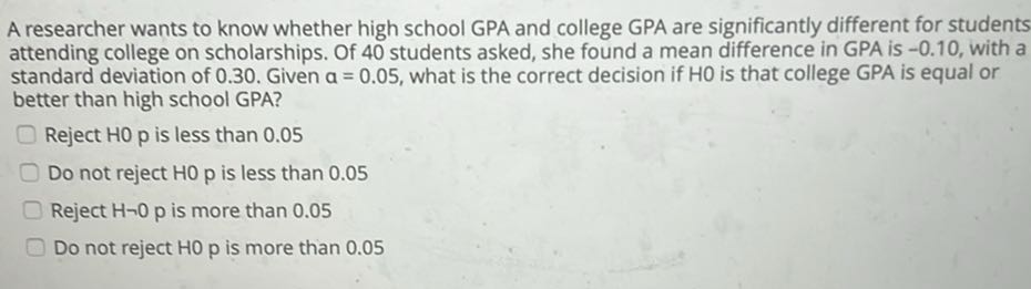 A researcher wants to know whether high school GPA and college GPA are significantly different for students attending college on scholarships. Of 40 students asked, she found a mean difference in GPA is -0.10 , with a standard deviation of 0.30 . Given a=0.05, what is the correct decision if HO is that college GPA is equal or better than high school GPA?
Reject HO p is less than 0.05
Do not reject H0 p is less than 0.05
Reject H∼ 0 p is more than 0.05
Do not reject HO p is more than 0.05