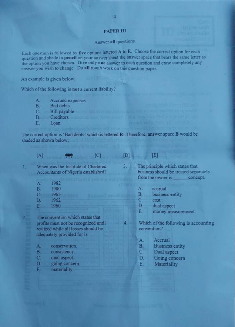 4 PAPER III Answer all questions. Each question is followed by five ...