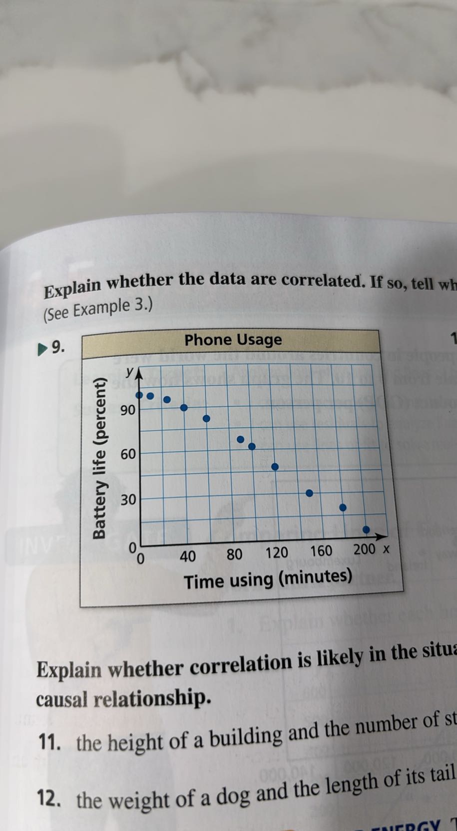 Explain whether the data are correlated. If so, tell wh (See Example 3.)
9.

Explain whether correlation is likely in the situs causal relationship.
11. the height of a building and the number of st
12. the weight of a dog and the length of its tail