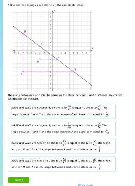 A line and two trianples are shown on the coordinate plane.

The siope between R and T is the same as the slope between J and L. Choose the correct justification for this fact. slope between R and T and the slope between I and L are both equal to -(4)/(5),
R S T and K L are congruent, so the ratio (s T)/(π S) is equal to the ratio (J K)/(K L).The slope between R and T and the slope between J and t are both equal to =(4)/(J) :
R S T and M K L are similar, so the ratio (n S)/(S T) is equal to the ratio (M K)/(K L). The mope between R and T and the slope between J and L are both equal to -(3)/(4).
R S T and K L are similar, so the ratio (R E)/(R T) is equal to the ratio (J K)/(K L), The slope between R and T and the stope between J and L are both equal to -(3)/(4).
Sintion