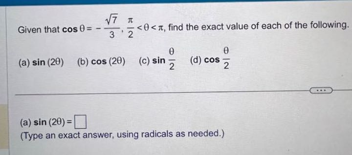 Given that cosθ=-(√(7))/(3), (π)/(2)