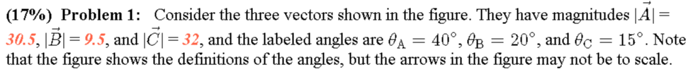 (17%) Problem 1: Consider the three vectors shown in the figure. They ...