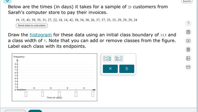 Below are the times (in days) it takes for a sample of 23 customers from Sarah's computer store to pay their invoices.

    19,15,43,39,35,31,27,22,18,14,42,38,34,30,26,37,37,33,33,29,29,29,24

Send data to calculator

Draw the histogram for these data using an initial class boundary of 13.5 and a class width of 7. Note that you can add or remove classes from the figure. Label each class with its endpoints.