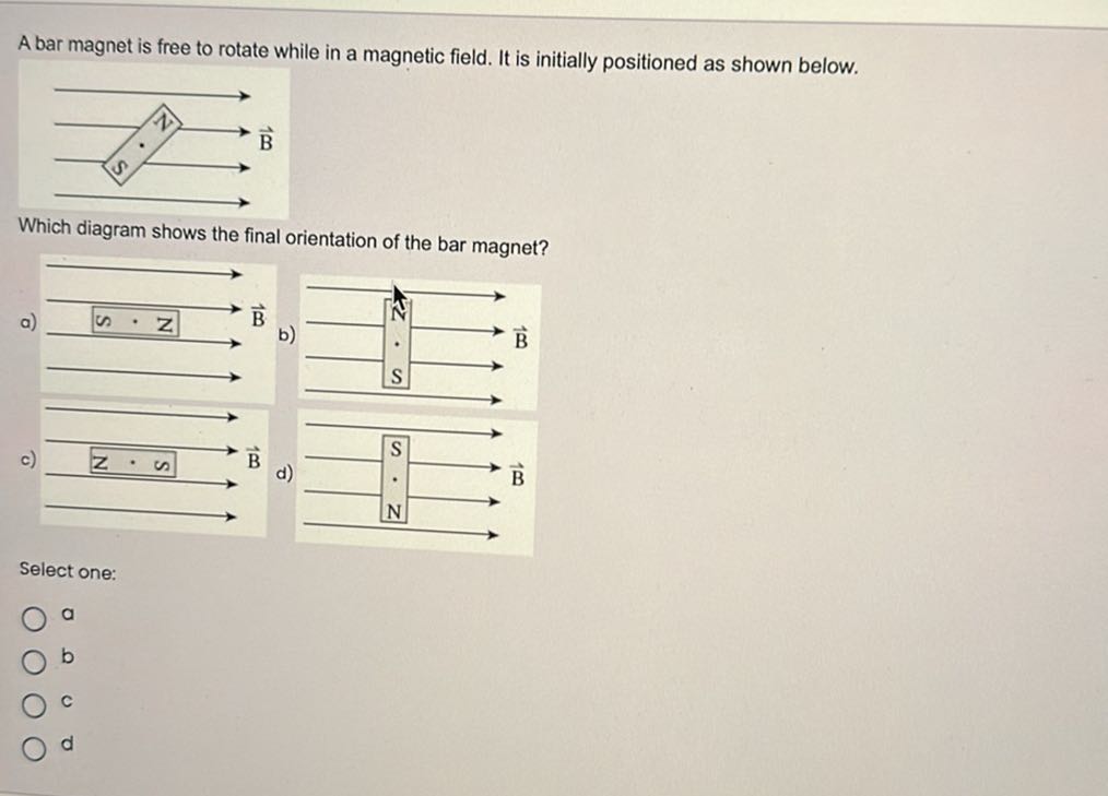 A bar magnet is free to rotate while in a magnetic field. It is ...
