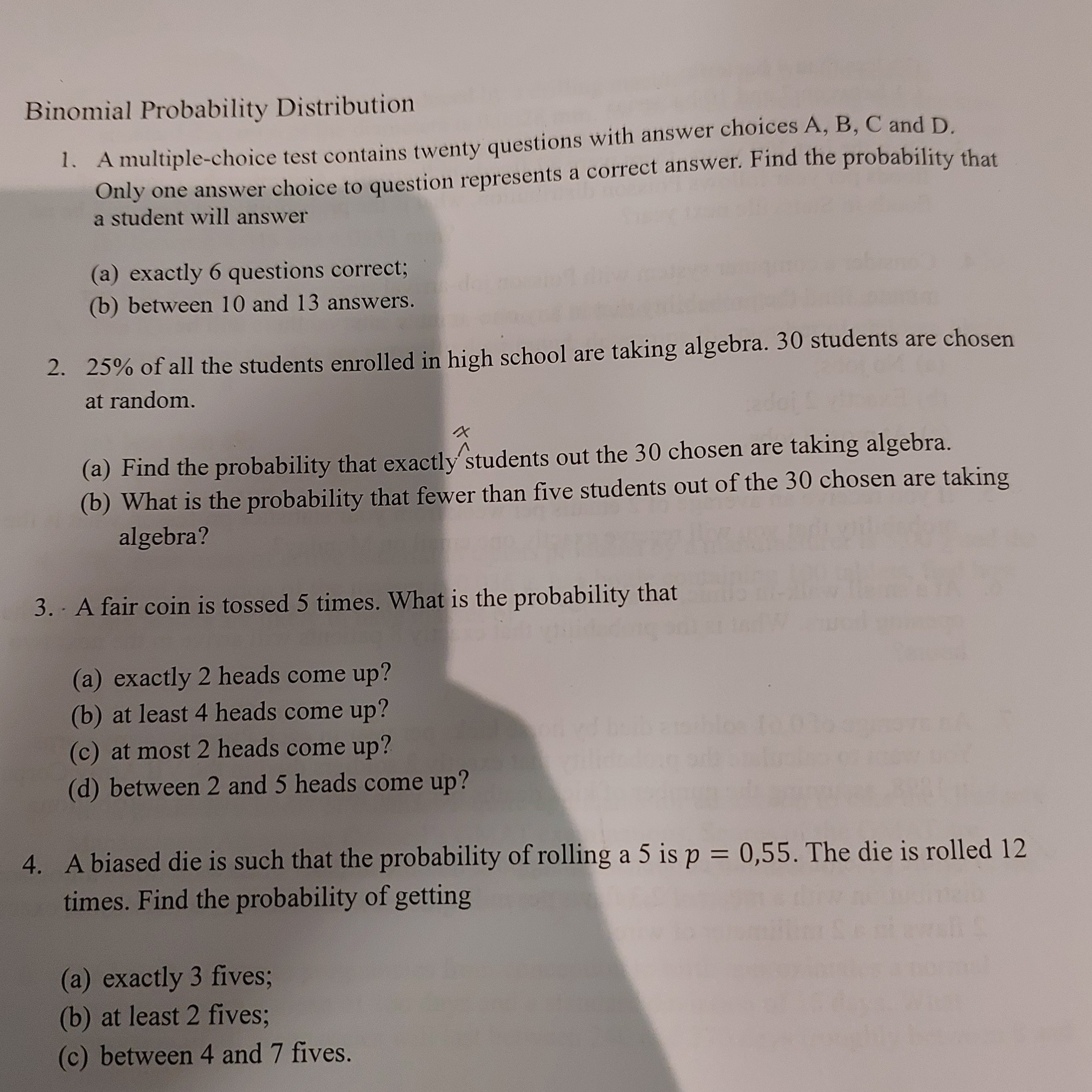 binomial probability distribution 1 a multiple choice test contains ...