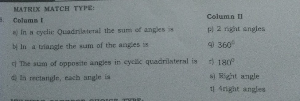 matrix match type column i column ii a in a cyclic quadrilateral the ...
