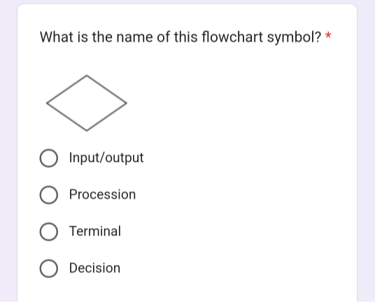 What is the name of this flowchart symbol? * Input/output Procession ...