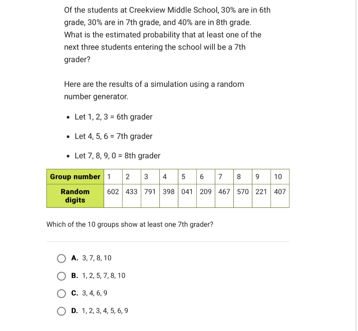 Of the students at Creekview Middle School, 30 % are in 6 th grade, 30 % are in 7 th grade, and 40 % are in 8 th grade. What is the estimated probability that at least one of the next three students entering the school will be a 7th grader?

Here are the results of a simulation using a random number generator.
- Let 1,2,3=6 th grader
- Let 4,5,6=7 th grader
- Let 7,8,9,0=8 th grader

Group number     1     2     3     4     5     6     7     8     9     10 

 
Random 

digits
     602     433     791     398     041     209     467     570     221     407 



Which of the 10 groups show at least one 7 th grader?
A. 3,7,8,10
B. 1,2,5,7,8,10
C. 3,4,6,9
D. 1,2,3,4,5,6,9