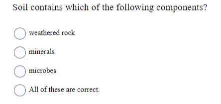 Soil contains which of the following components?
weathered rock
minerals
microbes
All of these are correct.