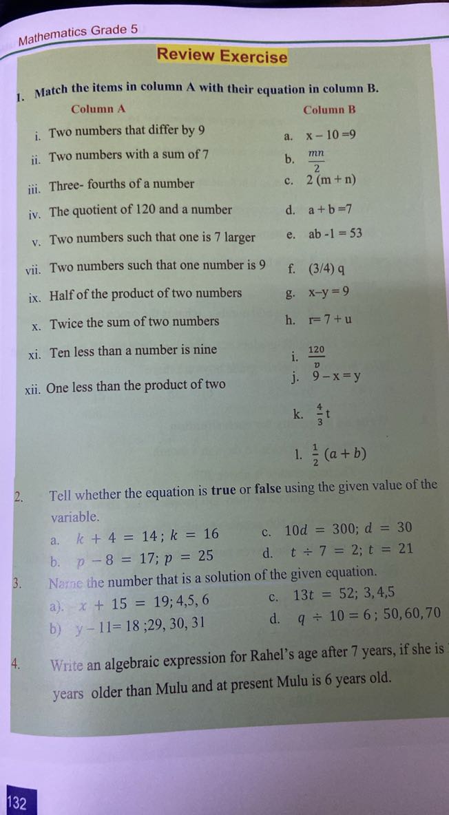 Mathematics Grade 5 Review Exercise 1. Match the items in column A with ...
