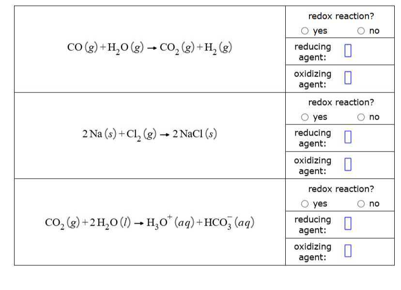 
4*CO(g)+H2O(g) →CO2(g)+H2(g)     redox reaction? 

    ◯ yes no 

    reducing agent: 

    oxidizing agent: 

4*2 Na(s)+Cl2(g) → 2 NaCl(s)     redox reaction? 

    ◯ yes no 

    reducing agent: 

    oxidizing agent: 

4*CO2(g)+2 H2O(l) →H3O^+(a q)+HCO3^-(a q)     redox reaction? 

    ◯ yes no 

    reducing agent: 

    oxidizing agent: 

