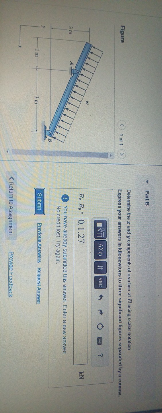Part B Determine the x and y components of reaction at B using scalar ...