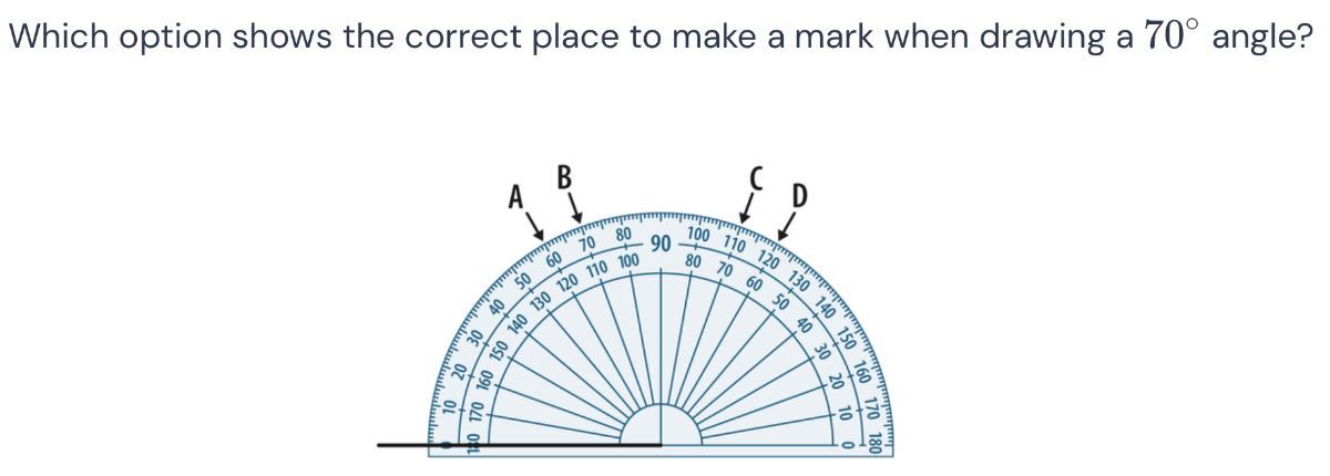 Which option shows the correct place to make a mark when drawing a 70^∘ ...