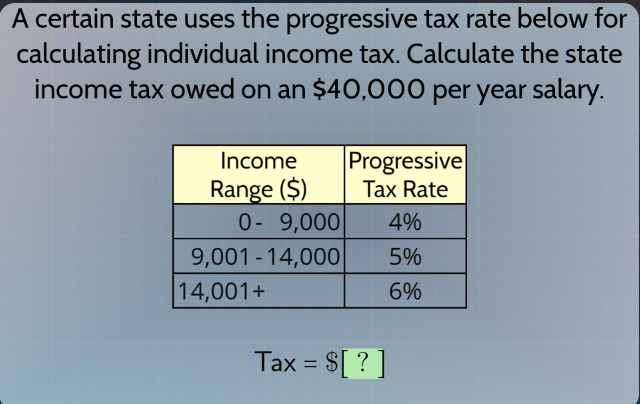 Progressive Income Tax Rates A certain state uses the progressive tax rate below for calculating ...