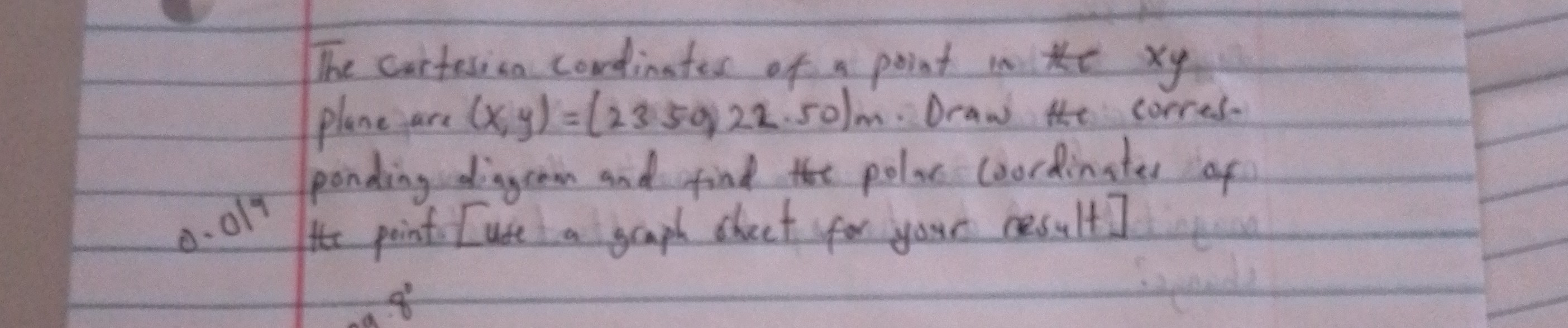 The cartesica cordinates of a point in the x y plane ara (x, y)=(235922-50)m. Draw the corresponding digerem and find the polar coordinates of 0.01 (te peint [use a gaph ohect for your cesult]