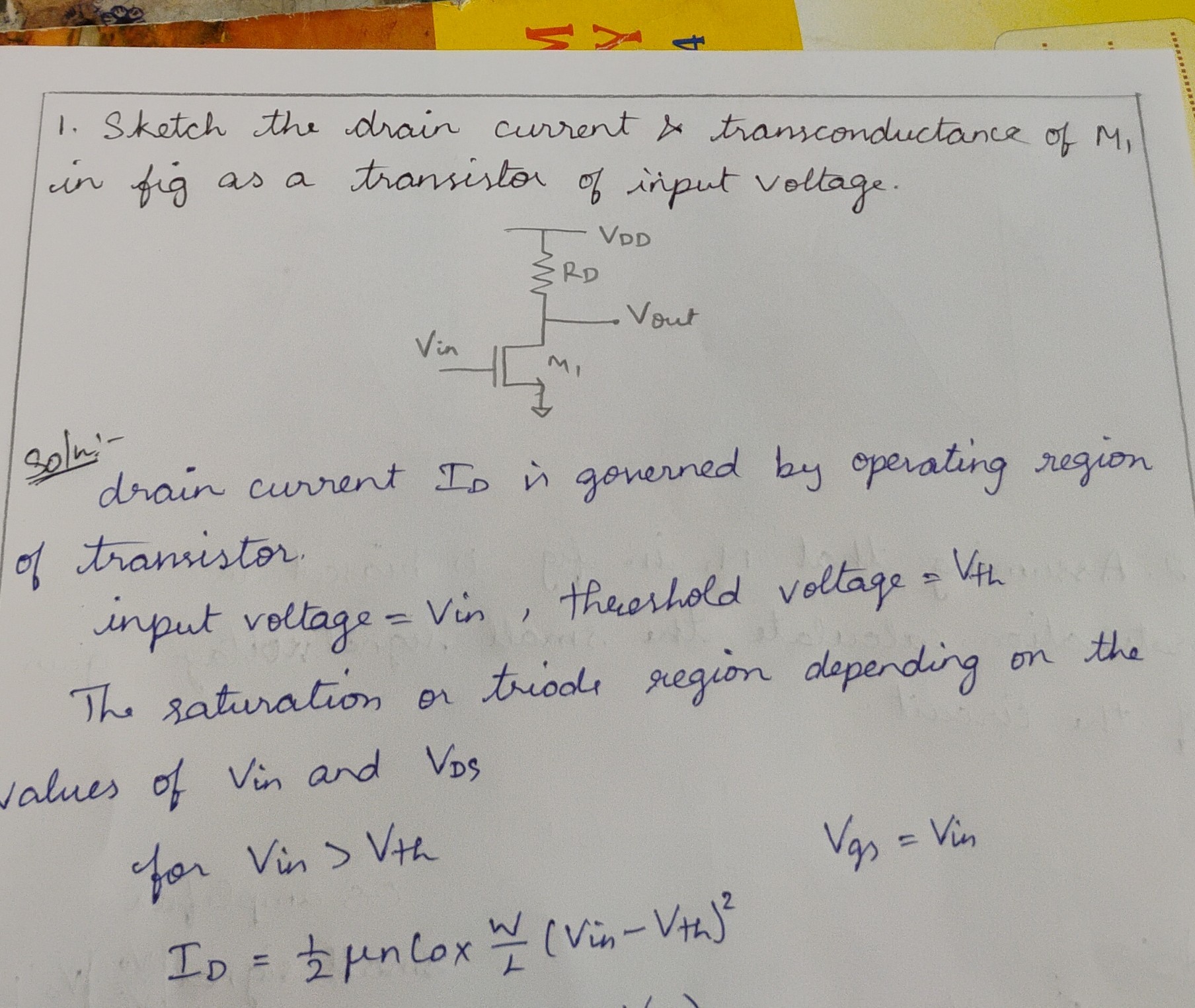 1 sketch the drain current transconductance of m1 in fig as a ...