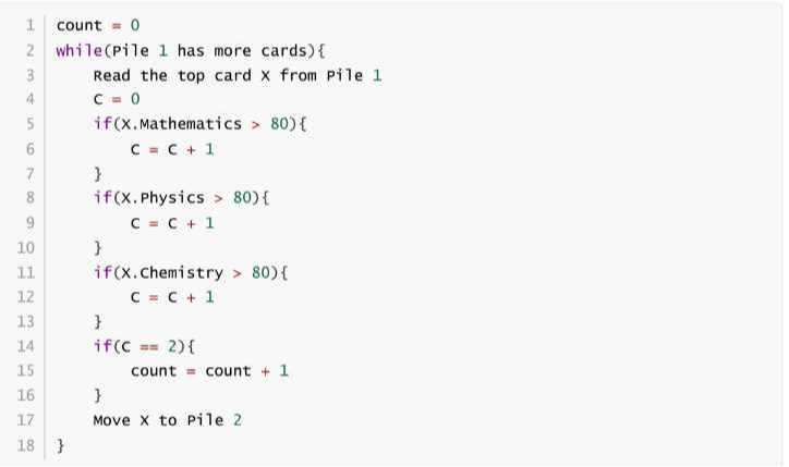 [GET ANSWER] “` count = 0 while(Pile 1 has more cards) Read the top ...