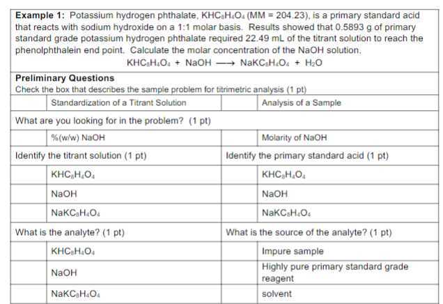 2|c| Example 1: Potassium hydrogen phthalate, KHC3H4O4(MM=204.23), is a ...