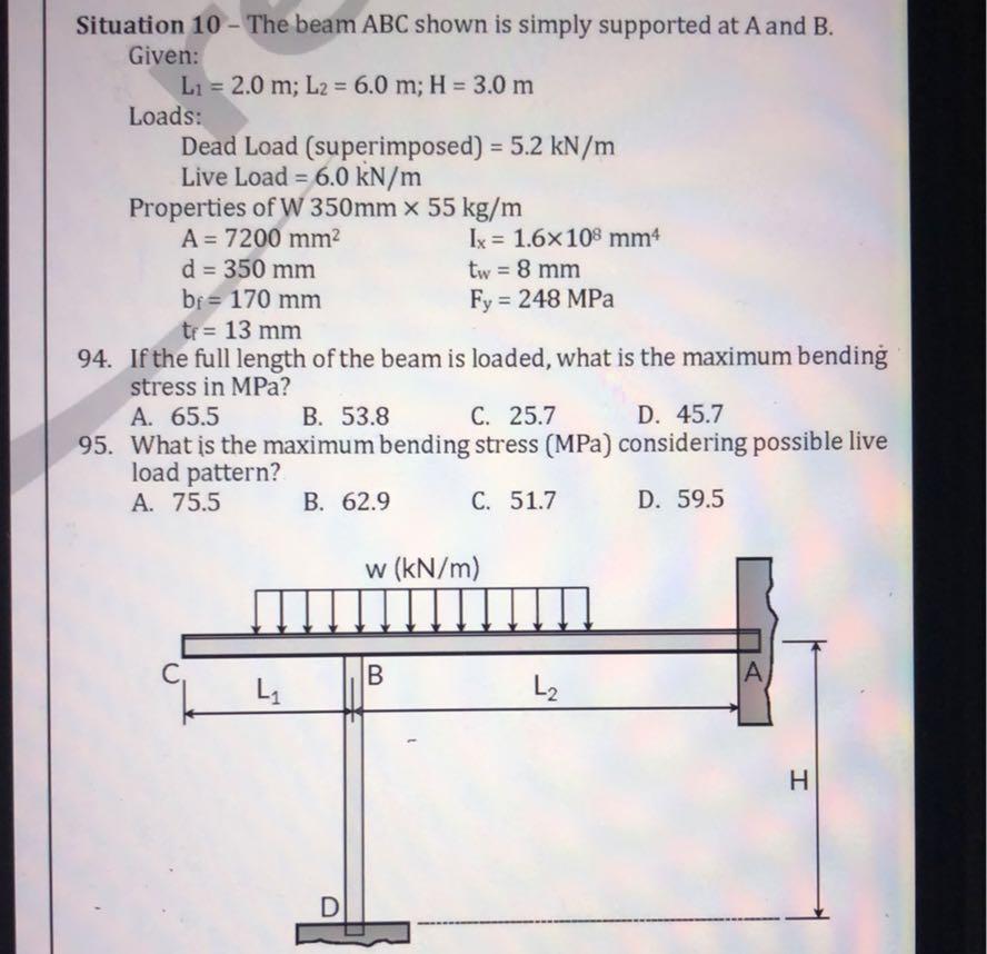 Situation 10 - The beam ABC shown is simply supported at A and B. Given ...