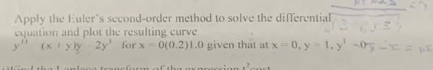Apply the liuler's second-order method to solve the differential cyuation and plot the resulting curve
y^''(x+y) y 2 y^' for x=0(0.2) 1.0 given that at x=0, y=1 . y^'-0 - x