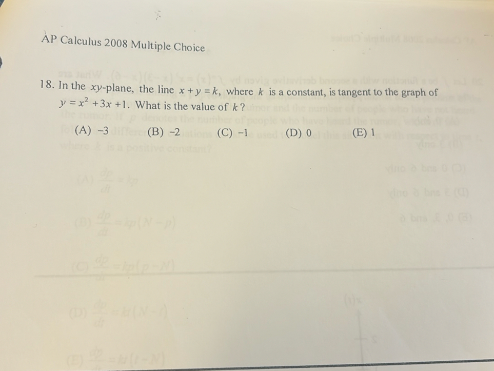 AP Calculus 2008 Multiple Choice
18. In the x y-plane, the line x+y=k, where k is a constant, is tangent to the graph of y=x^2+3 x+1. What is the value of k ?
(A) -3
(B) -2
(C) -1
(D) 0
(E) 1