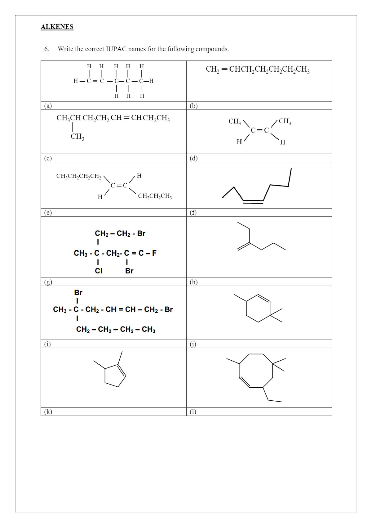 ALKENES 6. Write the correct IUPAC names for the following compounds.