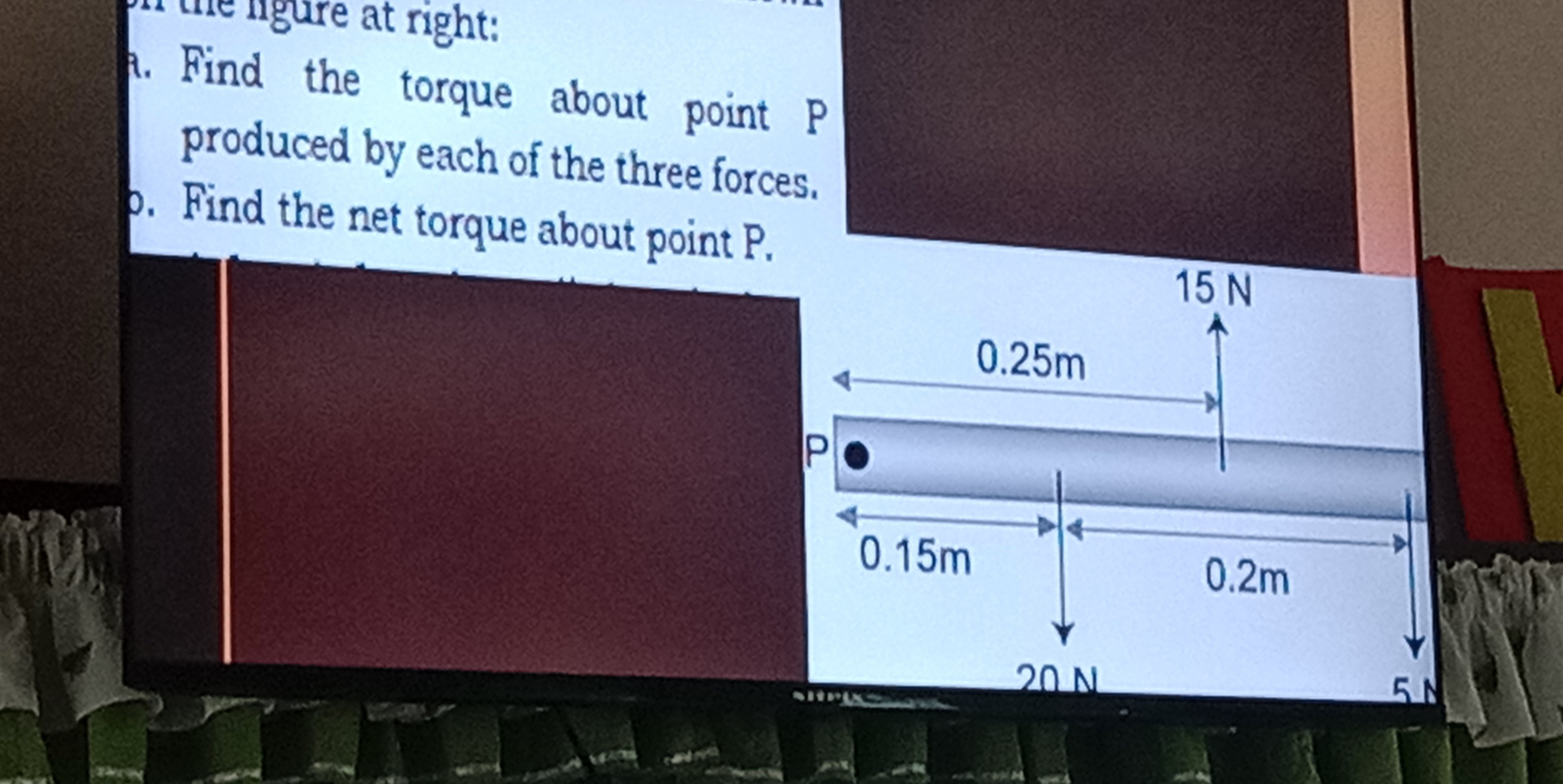 a. Find the torque about point P produced by each of the three forces.
o. Find the net torque about point P.