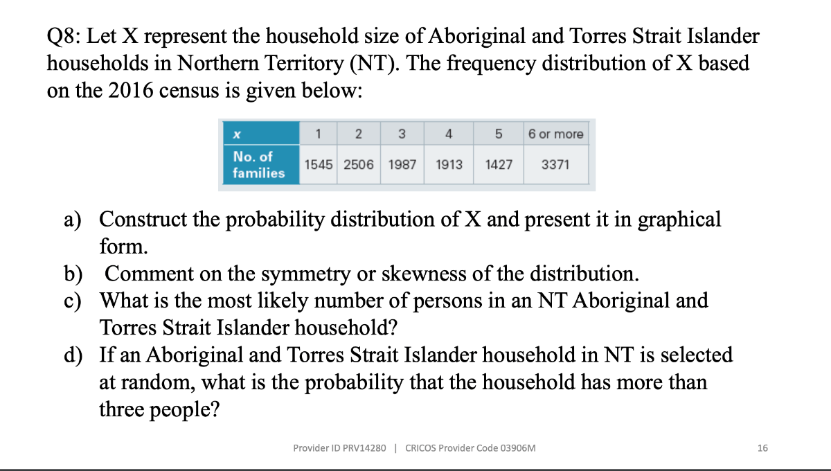 Q8: Let X represent the household size of Aboriginal and Torres Strait Islander households in Northern Territory (NT). The frequency distribution of X based on the 2016 census is given below:

x     1     2     3     4     5     6 or more 

 
No. of 

families
     1545     2506     1987     1913     1427     3371 


a) Construct the probability distribution of X and present it in graphical form.
b) Comment on the symmetry or skewness of the distribution.
c) What is the most likely number of persons in an NT Aboriginal and Torres Strait Islander household?
d) If an Aboriginal and Torres Strait Islander household in NT is selected at random, what is the probability that the household has more than three people?
Provider ID PRV14280 | CRICOS Provider Code 03906M
16