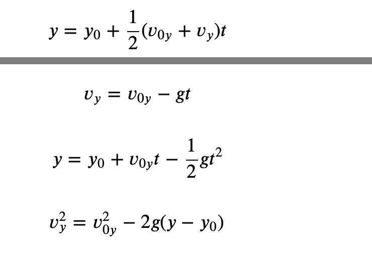 
    y=y0+(1)/(2)(v0 y+vy) t


    vy=v0 y-g t 
        
        y=y0+v0 y t-(1)/(2) g t^2
        
        vy^2=v0 y^2-2 g(y-y0)
