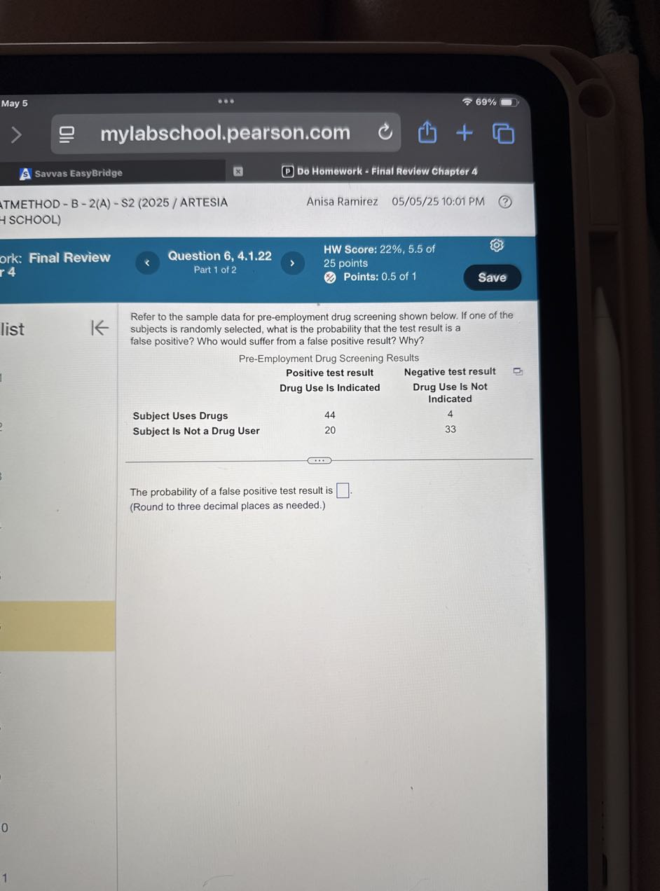 May 5
69 %
mylabschool.pearson.com
Savvas EasyBridge
Do Homework - Final Review Chapter 4
TMETHOD - B - 2(A) - S2 (2025 / ARTESIA
Anisa Ramirez 05/05/25 10:01 PM
- SCHOOL )
ork: Final Review
Question 6, 4.1.22
HW Score: 22 %, 5.5 of
r 4
Part 1 of 2
25 points
Points: 0.5 of 1
Save

Refer to the sample data for pre-employment drug screening shown below. If one of the
list subjects is randomly selected, what is the probability that the test result is a false positive? Who would suffer from a false positive result? Why?

Pre-Employment Drug Screening Results

Positive test result Drug Use Is Indicated

Subject Uses Drugs
Subject Is Not a Drug User

44
20

Negative test result
Drug Use Is Not Indicated

4
33

The probability of a false positive test result is □ .
(Round to three decimal places as needed.)