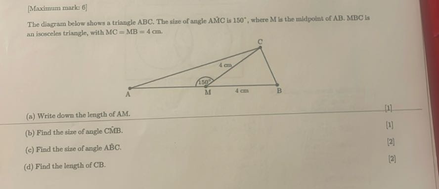 [Maximum mark: 6] The diagram below shows a triangle ABC . The size of ...