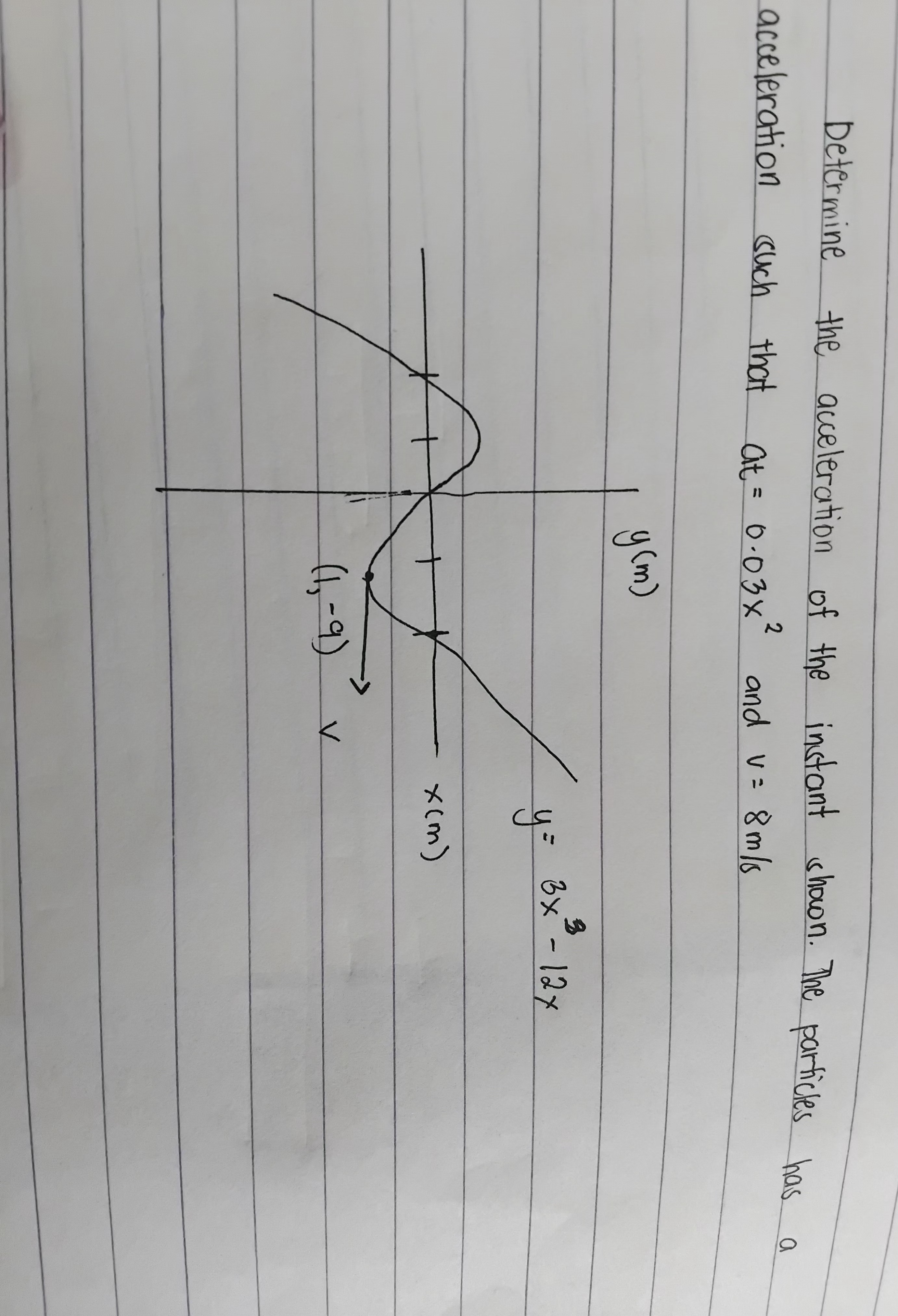 Determine the acceleration of the instant shown. The particles has a acceleration such that at=0.03 x^2 and v=8  m / s